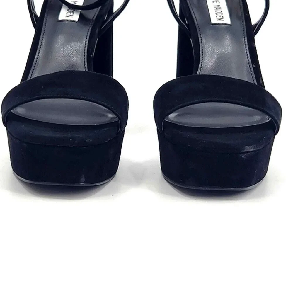 Steve Madden Lessa Platform Sandals Womens Size 9.5 Black Suede Chunky Heels Y2K